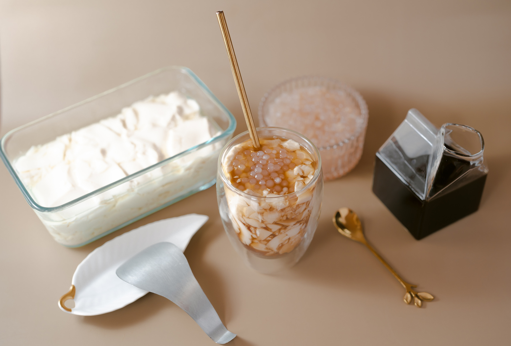 Glass of Taho with Ingredients on a Table